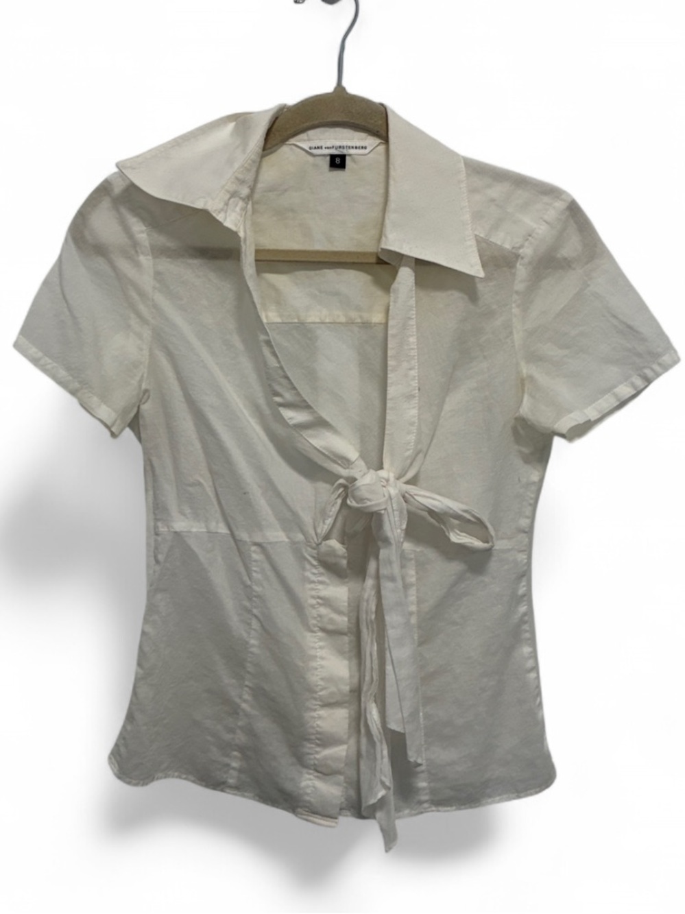 Vintage Diane Von Furstenberg Cream Tie-Front Short Sleeve Blouse